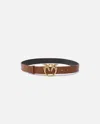 Pinko Double-face Belt With Love Birds Buckle In Brown/black-antique Gold
