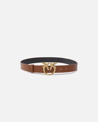 Pinko Double-face Belt With Love Birds Buckle In Brown/black-antique Gold