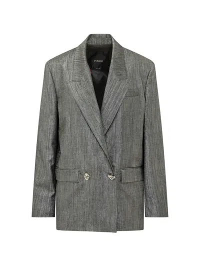 Pinko Double-breasted Cayman Jacket In Metal Wool With Jewel Buttons In Gray