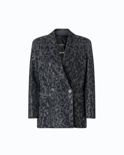 Pinko Double-breasted Jacket With Rhinestones And Jaguar Motif In Gray