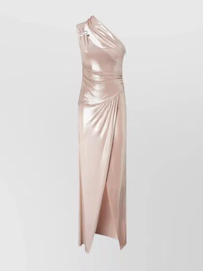 PINKO DRAPED ONE-SHOULDER METALLIC FLOOR-LENGTH DRESS