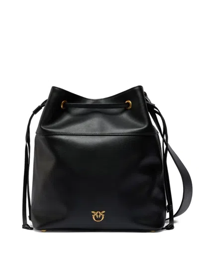 Pinko Drawstring Leather Medium Bucket Bag In Black