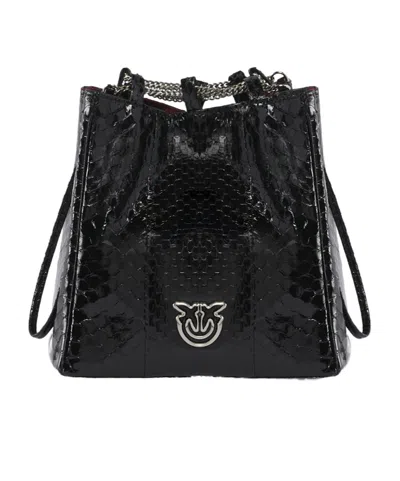 Pinko Drawstring Shoulder Bag In Black-old Silver