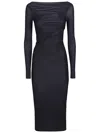 Pinko Black Long Dress With Ruffles And Boat Neckline In Tech Fabric Woman