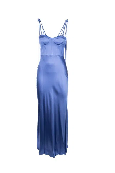 Pinko Loose Long Dress With Fringes In Blue