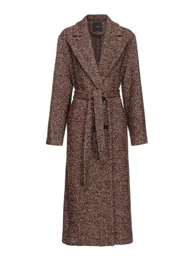Pinko Herringbone Double-breasted Coat In Brown