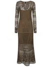 Pinko 'ortles' Green Crewneck Long Dress With Fishnet Design And All-over Floral Embroidery In Green