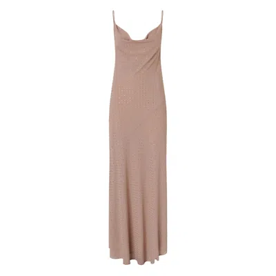 Pinko Beige Long Dress With Draped Neckline And Open Back In Tech Fabric Woman In Gray