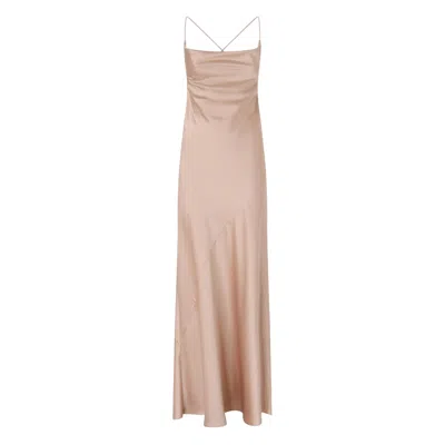 Pinko Pink Sleeveless Long Dress With Criss-crossed Spaghetti Straps In Tech Fabric Woman In Gold