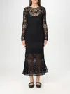 Pinko Ortles Black Crewneck Long Dress With Fishnet Design And All-over Floral Embroidery In Viscose Blend In Black