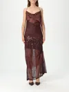 Pinko Satin And Lace Long Dress With Sequin Embellishments In Brown