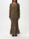 Pinko 'ortles' Green Crewneck Long Dress With Fishnet Design And All-over Floral Embroidery In Olive