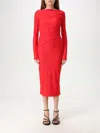 Pinko Red Long Dress With Ruffles And Boat Neckline In Red
