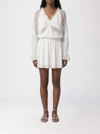Pinko Mini Chiffon Dress With Lace Inserts In White
