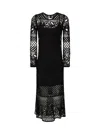 Pinko Ortles Black Crewneck Long Dress With Fishnet Design And All-over Floral Embroidery In Viscose Blend