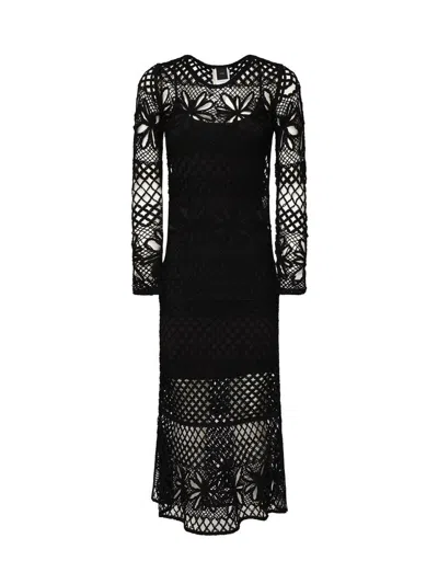 Pinko Long Crochet Dress With Openwork In Black