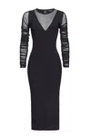 Pinko V-neckline Fitted Silhouette Midi Length Sheer Ruched In Black
