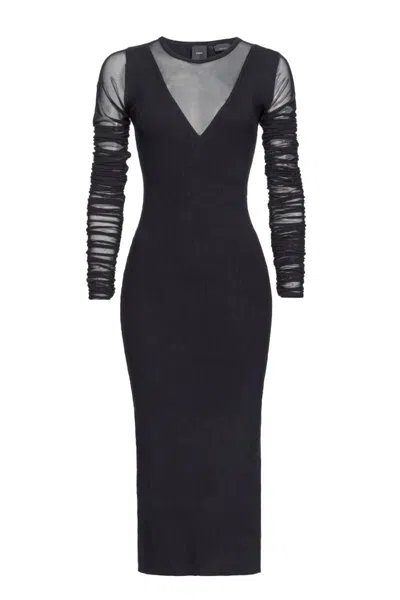Pinko V-neckline Fitted Silhouette Midi Length Sheer Ruched In Black