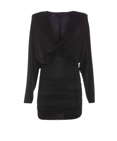 Pinko Plunging Neck Ruched Mini Dress In Black