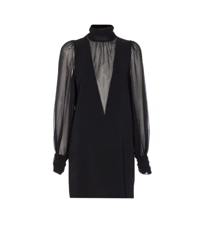 Pinko High Neck Mini Dress With Sheer Sleeves In Black