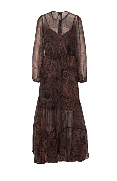 Pinko Long Sleeve Tiered Dress With Belt Detail In Multi