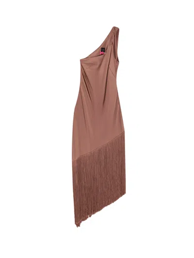 Pinko Brown Dress With Asymmetrical Design And Fringes In Tech Fabric Woman