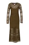 Pinko 'ortles' Green Crewneck Long Dress With Fishnet Design And All-over Floral Embroidery In Green
