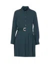 Pinko Waist Belt Long Sleeve Pleated Dress In Green