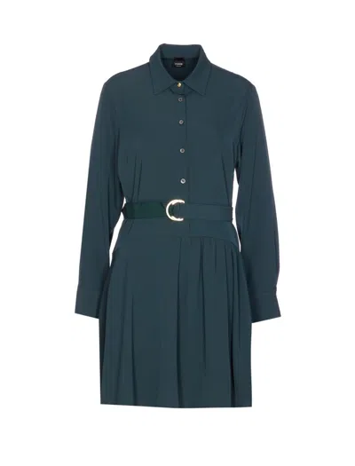 Pinko Waist Belt Long Sleeve Pleated Dress In Blue