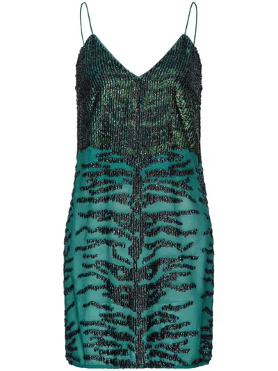 Pinko Mini Dress With Zebra Sequin Embroidery In Green