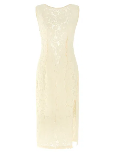 Pinko White Lace Slit Midi Dress In Yellow