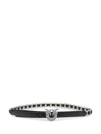 Pinko Elegant Belt With Love Birds Jewel Detail In Nero Limousine Nickel