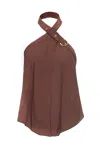 Pinko Halter Neck Top With Ring Detail And Flowy Silhouette In Brown