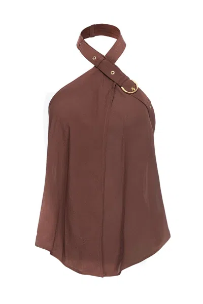 Pinko Halter Neck Top With Ring Detail And Flowy Silhouette In Brown