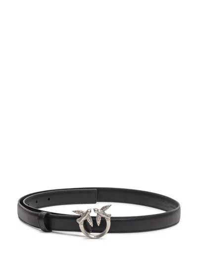 Pinko Elegant Leather Mini Belt In Nero-old Silver