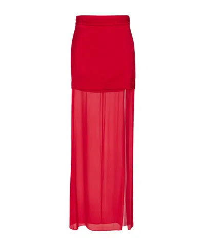 Pinko Elegant Long Skirt In Sheer Georgette And Satin In Red
