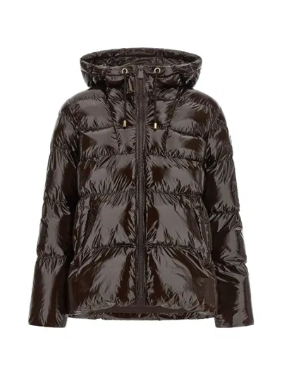 Pinko Quilted Waterproof Nylon Short Puffer Jacket With Hood And Elasticated Cuffs In Burgundy