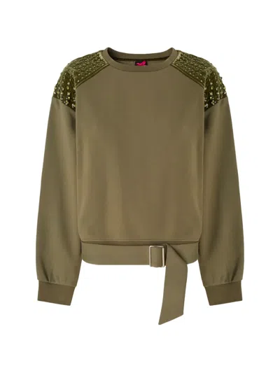 Pinko Embellished Buckled-hem Sweatshirt In Green