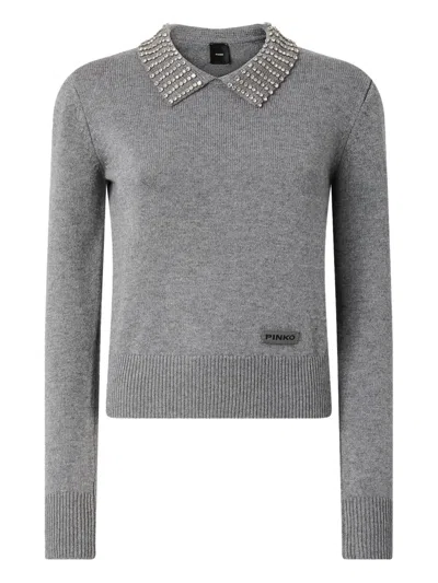 Pinko Sweater With Collar And Rhinestones In Gray