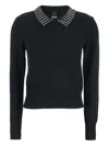 Pinko Classic Black Sweater With Embellished Collar And Ribbed Hem In Black
