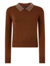 Pinko Sweater With Collar And Rhinestones In Brown