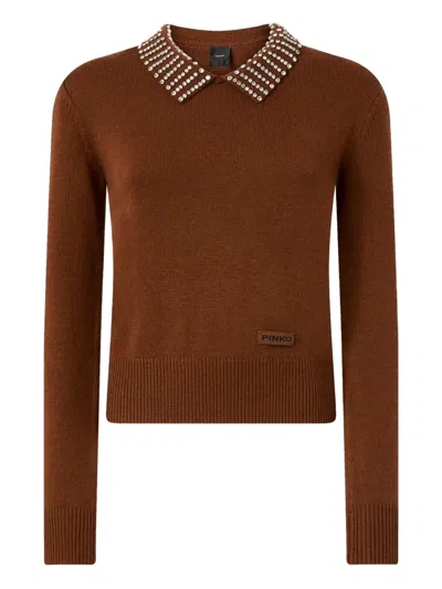 Pinko Sweater With Collar And Rhinestones In Brown