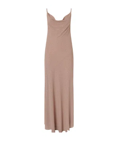 Pinko Beige Long Dress With Draped Neckline And Open Back In Tech Fabric Woman In Gray