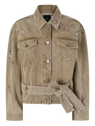 Pinko Embellished Denim Jacket In Brown
