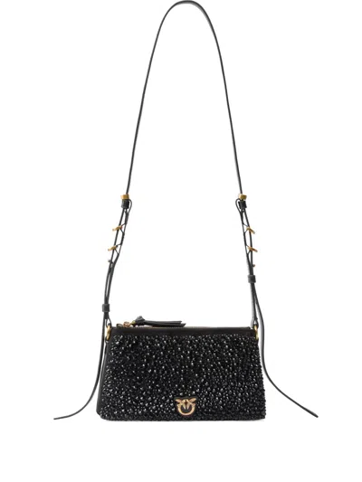 Pinko Mini Double Bag Shoulder Bag With Full Rhinestones In Black