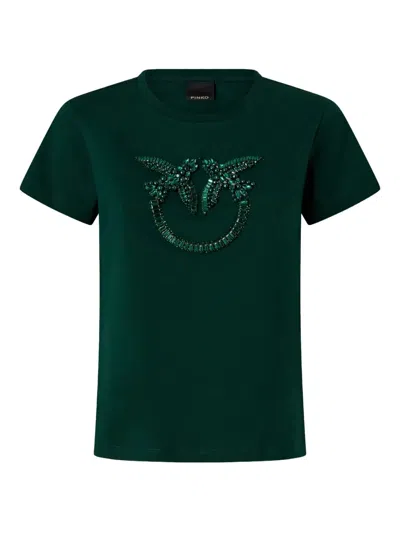 Pinko Crewneck T-shirt With Hand-embroidered Love Birds Logo In Green