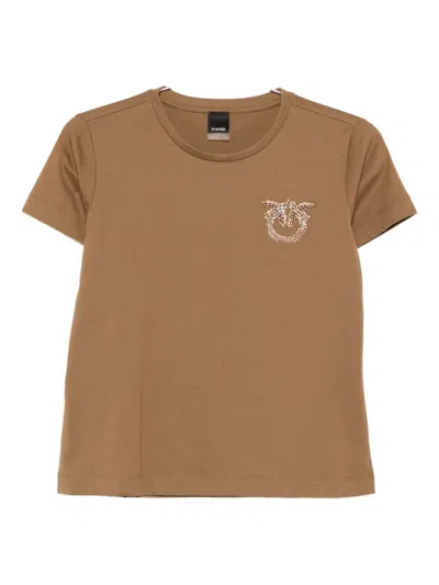 Pinko Embellished-logo T-shirt In Brown