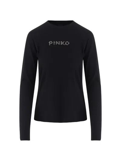 Pinko Embellished Logo-patch Long-sleeve T-shirt In Black