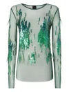 Pinko Sheer Sweater With Sequins And Feathers In Green