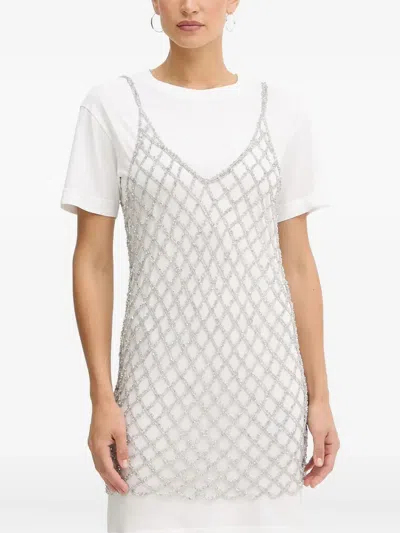 Pinko Embellished-net Mini Dress In Gray